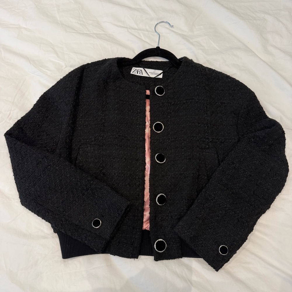 Zara Tweed Bomber With Velvet Buttons